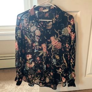 Unique Floral Print Semi-Sheer Button Down Blouse H&M Size 2